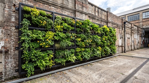 Urban green wall with lush plants in a modern setting