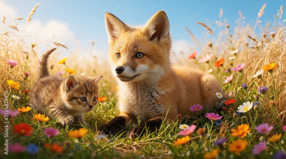 Obraz premium Small tabby kitten, young fox sit together in sunny meadow field. Tiny cat cub explore blooming flowers near wild red fox pup. Fluffy animals relax among green grass under bright blue sky. Cute
