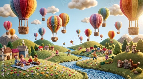 Handmade Yarn Art Knitted Landscape Flat Textile Art with Hot Air Balloons, Family Picnic, and Cute Animals
