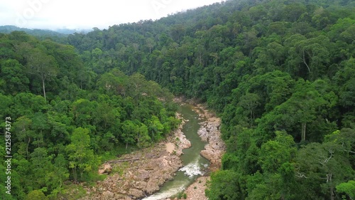 Drone flyover following Sungai Tembeling through primary tropical rainforest and river rapids, Al-Sultan Abdullah Royal Tiger Reserve, Pahang, Malaysia
