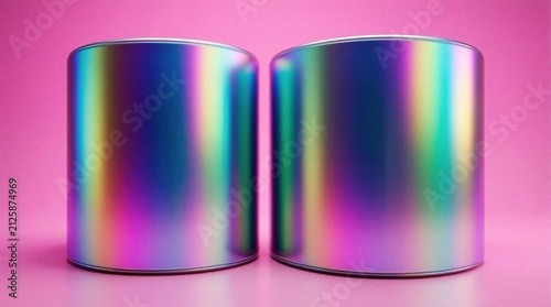 Two shiny cylinder objects stand on flat pink surface. Holographic metal shapes reflect vibrant rainbow light. Minimalist modern podiums provide empty space for creative product advertisement. Smooth