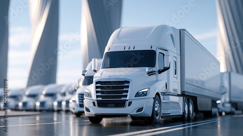 Fleet of pristine white semi-trailer trucks parked in a modern industrial setting with futuristic architecture