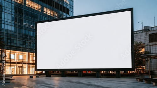 Large blank billboard screen in modern city square at dusk, ready for advertisement