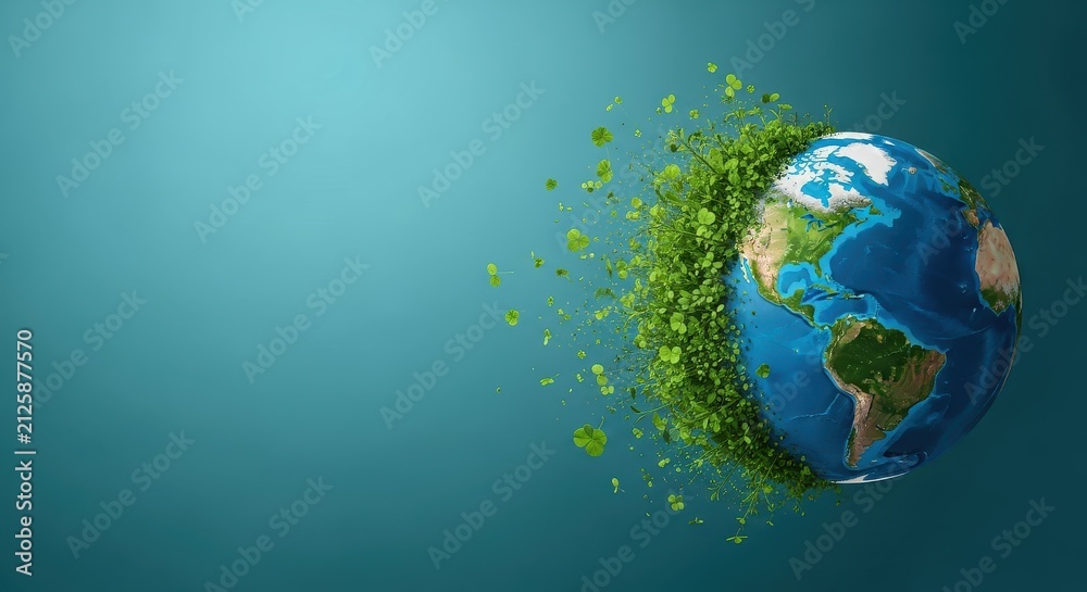 Naklejka premium Green Planet Earth Concept for Ecology and Sustainability with Lush Foliage Growing on Globe Surface