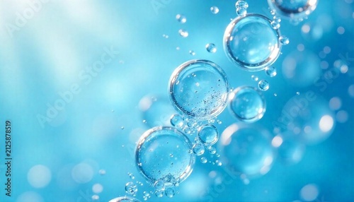 Clear water bubbles floating in blue liquid with sunlight