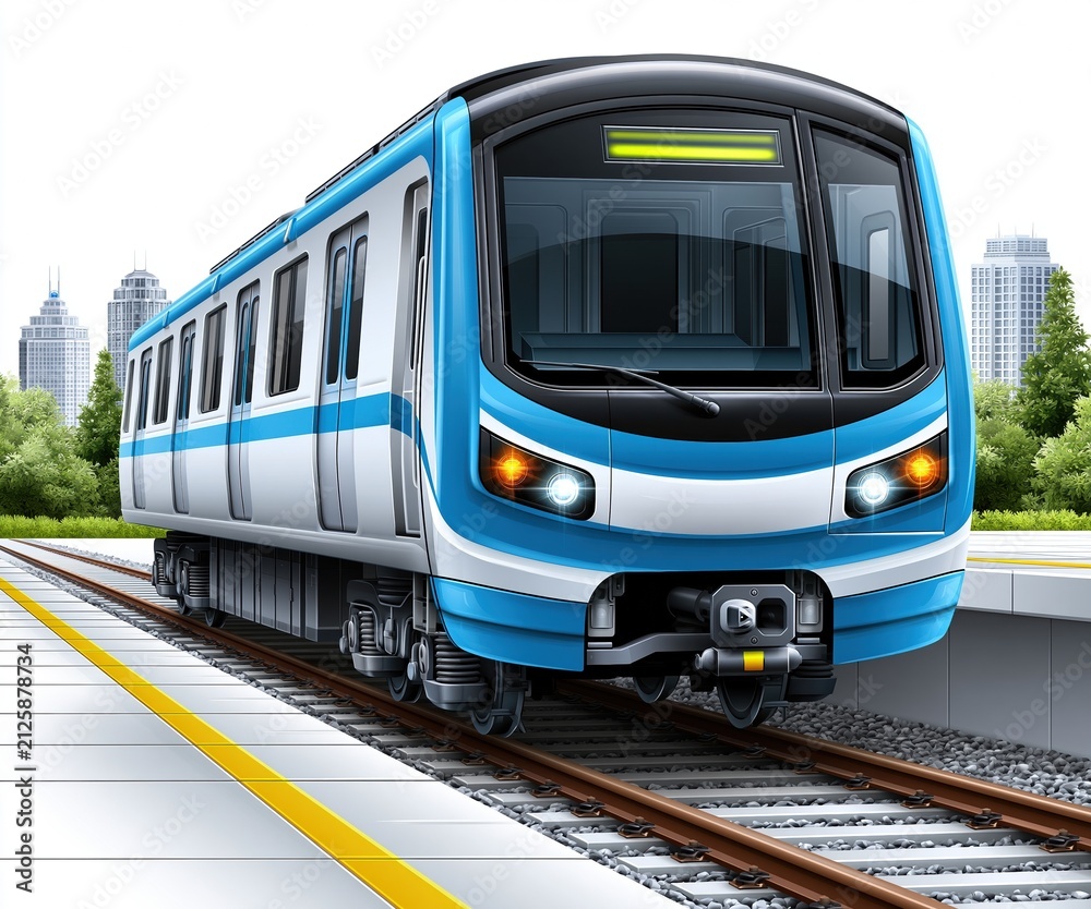 Obraz premium Modern Blue and White Commuter Train Arriving at a City Station Platform