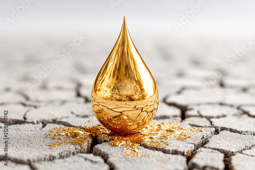 Large golden raindrop floats above cracked dry earth, symbolizing precious resources and scarcity. polished surface reflects light, creating striking contrast with barren ground