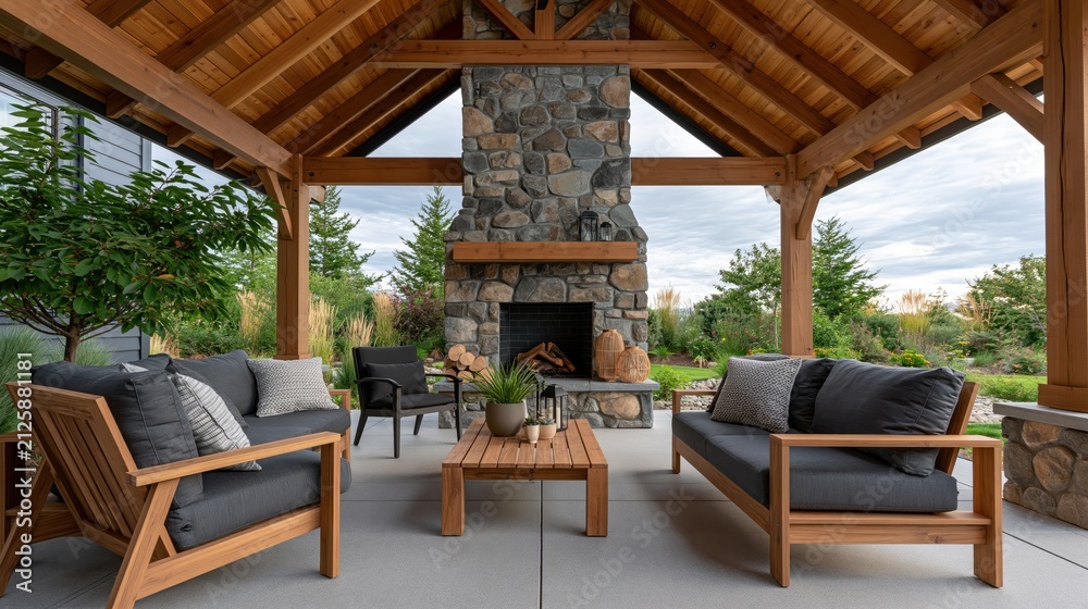 Fototapeta premium A cozy outdoor patio with a stone fireplace and comfortable seating area in a natural setting