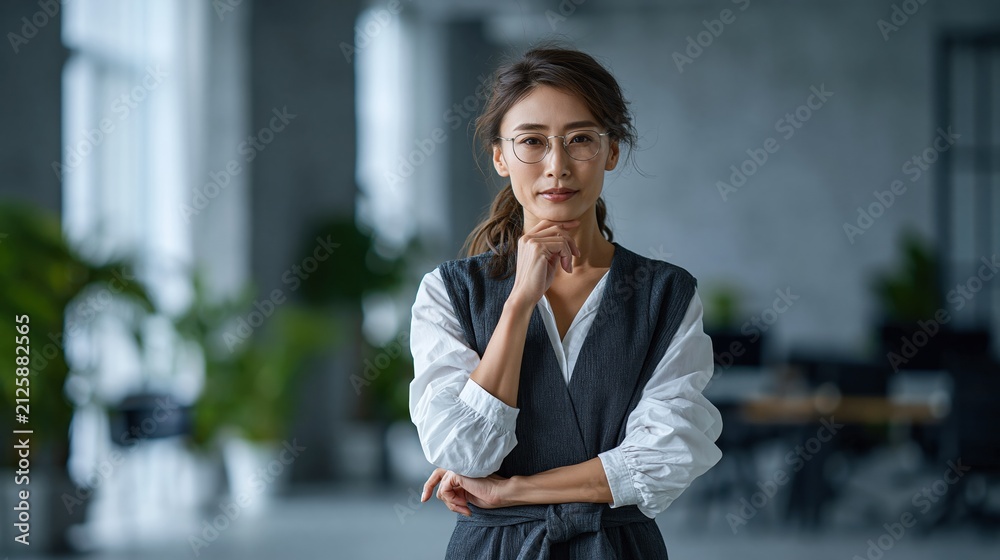 Fototapeta premium Confident Asian Businesswoman with Glasses Posing Thoughtfully in Modern Office Environment