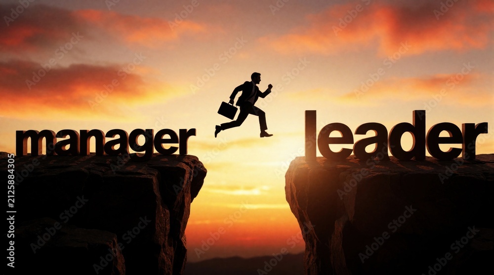 Obraz premium Man silhouette leaps across canyon gap from manager to leader word. Sunset sky provides dramatic lighting. Symbolizes career advancement risk taking.