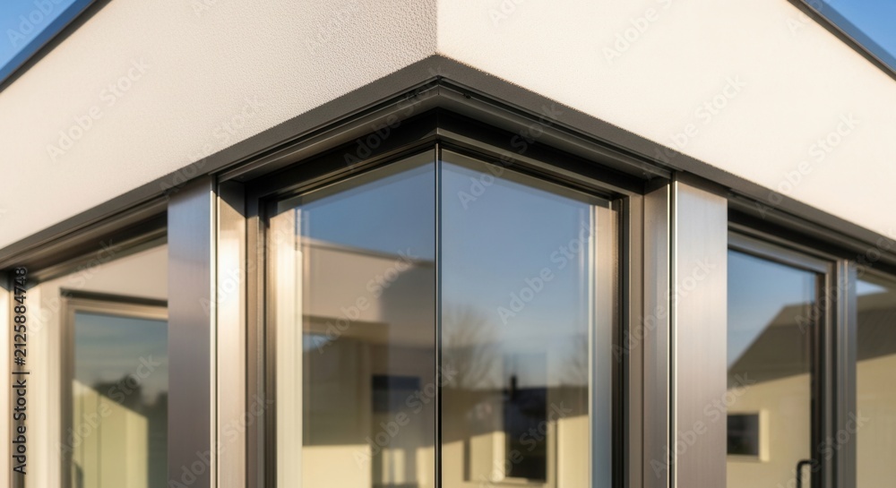 Fototapeta premium Modern Corner Glass Facade With Metallic Accents And Sunlight Reflections