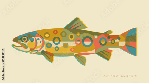 Brown trout fish geometric vector illustration in retro color style