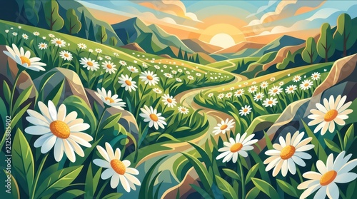 Field of white daisies on rolling green hills at sunrise