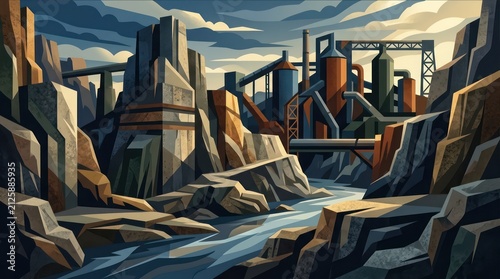 Massive industrial structures built into a rocky canyon