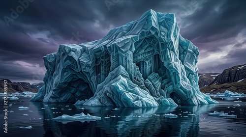 Large intricate iceberg floating in arctic waters under a dark sky