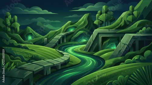 Stylized green river winding through glowing mountain landscape