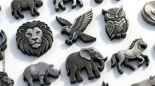 Collection of metallic animal icons on white background