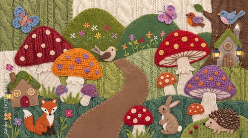 Handmade Yarn Art Knitted Magic Forest Landscape Flat Textile Art with Mushrooms, Cute Animals, and Glowing Lanterns
