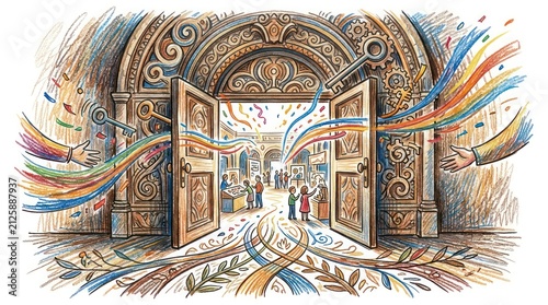Vibrant colorful ribbons flow through ornate archway.