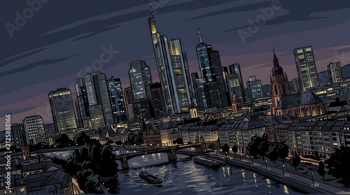 City skyline at night with river.