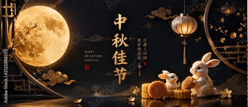 Luxury Mid Autumn Festival poster with golden moon, white rabbits, mooncake, lantern and Chinese calligraphy. Elegant oriental holiday design for greeting cards, advertisements, and festive branding.