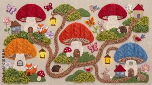Handmade Yarn Art Knitted Magic Forest Landscape Flat Textile Art with Mushrooms, Cute Animals, and Glowing Lanterns