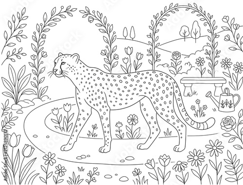 Cheetah sitting among flowers coloring page illustration with wildlife coloring predator