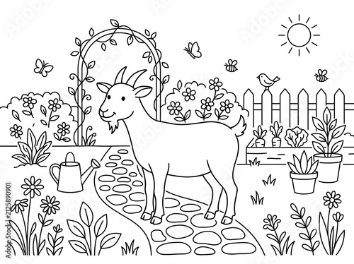 Cute goat in garden coloring page outline illustration for kids activity with coloring