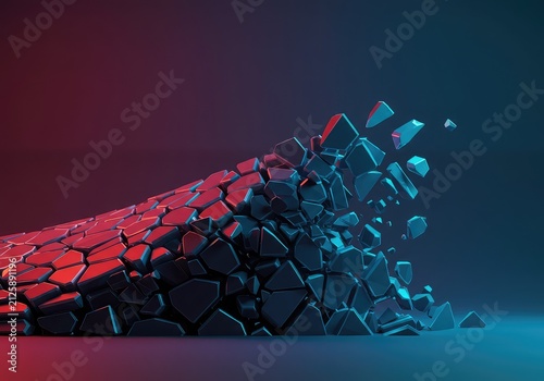 A conceptual image showing abstract geometric forms shattering into irregular pieces, representing discontinuity and complex structural breakdown, pieces, disruption, design
