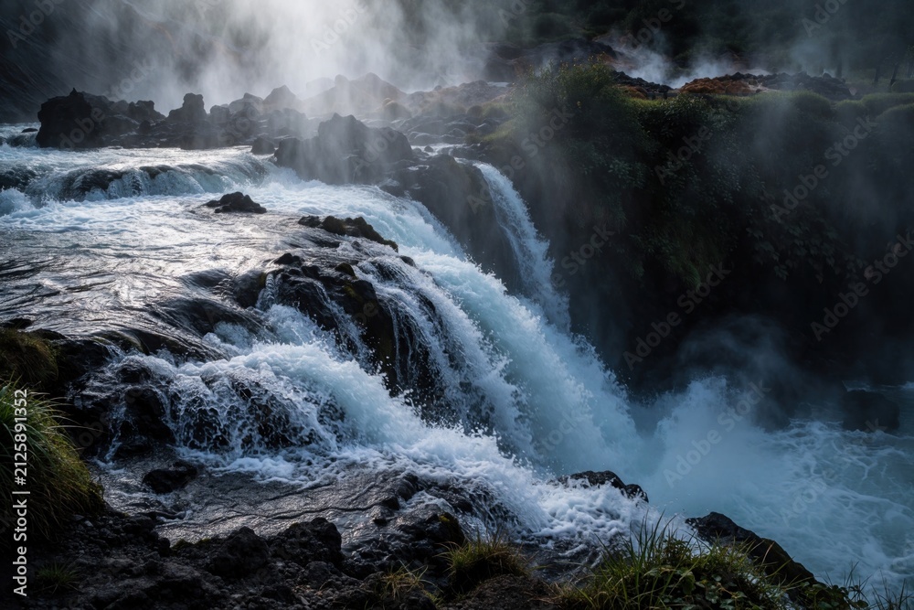 Obraz premium Cascading waterfall over dark rocks creates mist. Lush green vegetation borders water flowing fast over stones. Scene shows powerful natural force.
