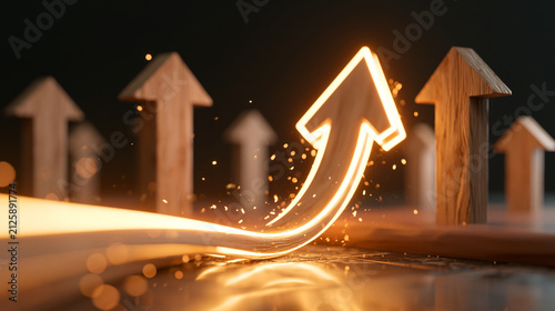 Business Progress Symbol with Glowing Arrow and Vertical Wooden Blocks