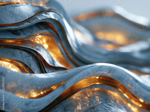 Architectural Abstract Waves with Silver Surface and Glowing Golden Highlights
