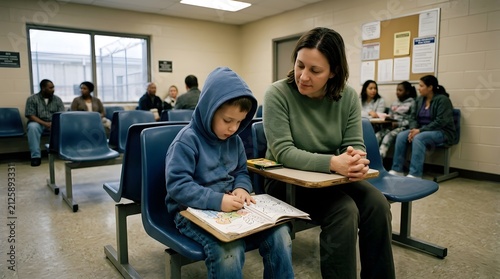 Child Sitting Prison Visitation Waiting Area Drawing Colouring Book Lap Mother Beside Hands Clasped Fluorescent Waiting Room Light Editorial Criminal Justice Documentary Photography