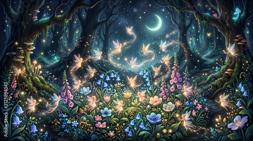 Tiny glowing fairies dancing among flowers in an enchanted forest at night, magical lights, dreamy atmosphere, fantasy