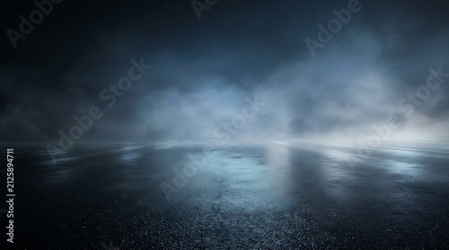 Dark moody asphalt road with misty fog and dramatic night sky reflection