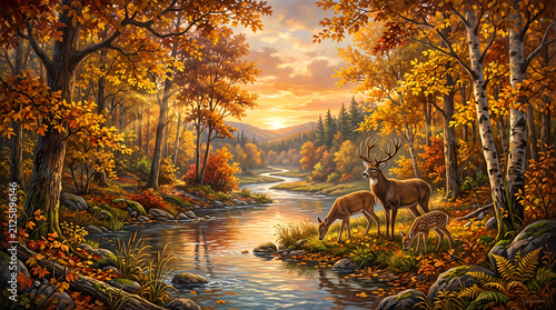 Golden autumn forest with colorful leaves, peaceful river, deer family, warm sunset, highly detailed digital painting