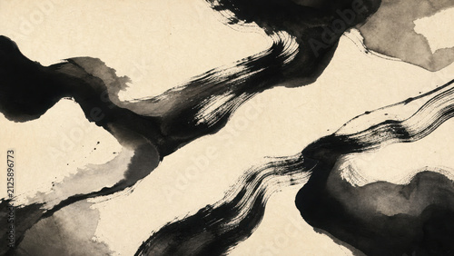Traditional ink wash painting with flowing brush strokes on a textured generated using ai