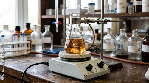Chemical experiment in a laboratory: Erlenmeyer flask with amber liquid on a magnetic stirrer