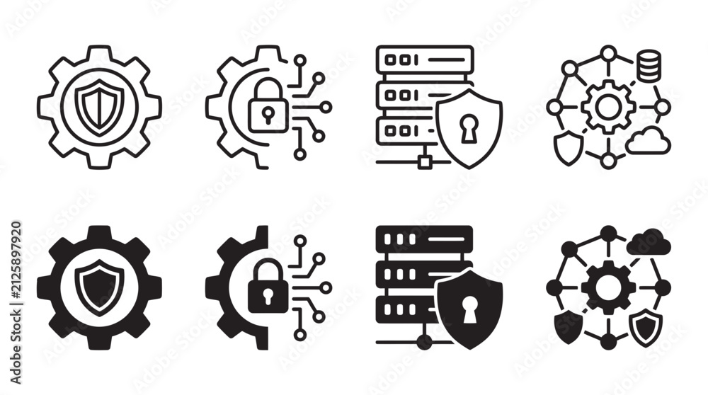 Fototapeta premium Cyber security and data protection icons with shields gears locks and network nodes security protection encryption