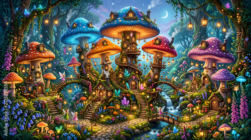 A peaceful village built inside giant colorful mushrooms, tiny fairy homes, glowing lanterns, flowers everywhere, magical forest, fantasy