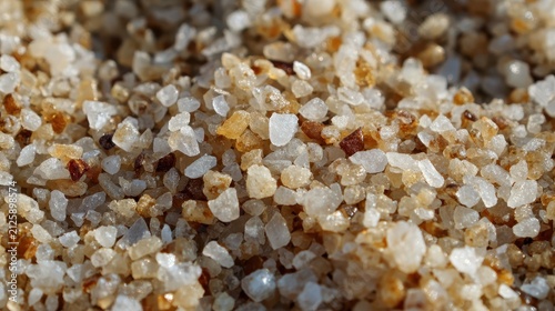Macro Photography of Coastal Beach Sand Grains Revealing Intricate Crystalline Textures and Earthy Mineral Tones in a Natural Shoreline Composition