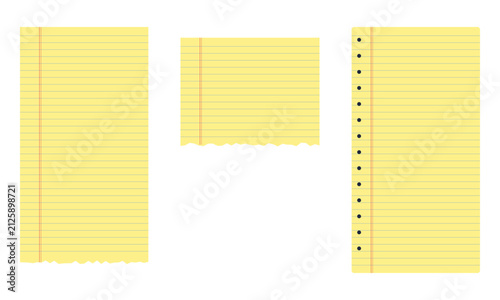 Yellow Lined Paper Sheets Set with Torn Edges and Hole Punch Notebook Page Vector Illustration
