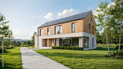 Large modern gabled house combining timber and light stone cladding