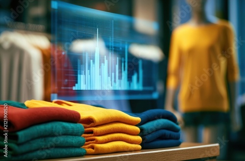 Stack of folded colorful sweaters in a retail store with a digital data display overlay