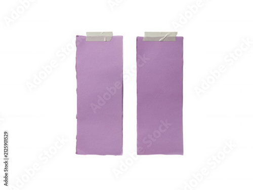 Two vertical strips of light purple paper secured with adhesive tape isolated on transparent background for design