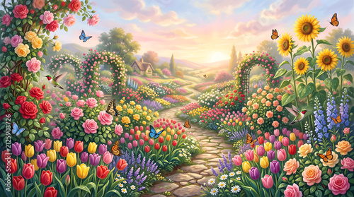 colorful autumn leaves, A colorful flower garden filled with roses, tulips, sunflowers, butterflies, hummingbirds, soft morning light, dreamy digital illustration