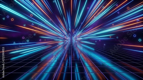 Futuristic synthwave digital landscape with glowing neon light streaks and wireframe grid
