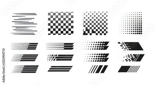 Collection of Black and White Speed Lines, Racing Checkered Patterns, and Halftone Graphic Design Elements for Sports and Automotive Use