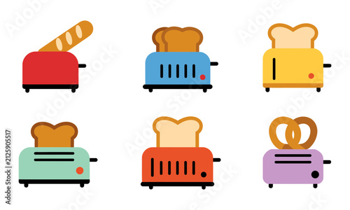 Assortment of toaster icons in various colors showing bread slices and a pretzel breakfast snack