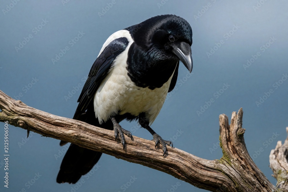Naklejka premium Black and white bird rests on dead tree branch against a soft blue sky. Avian wildlife with dark feathers and white chest observes surroundings closely. Birding and nature photography.